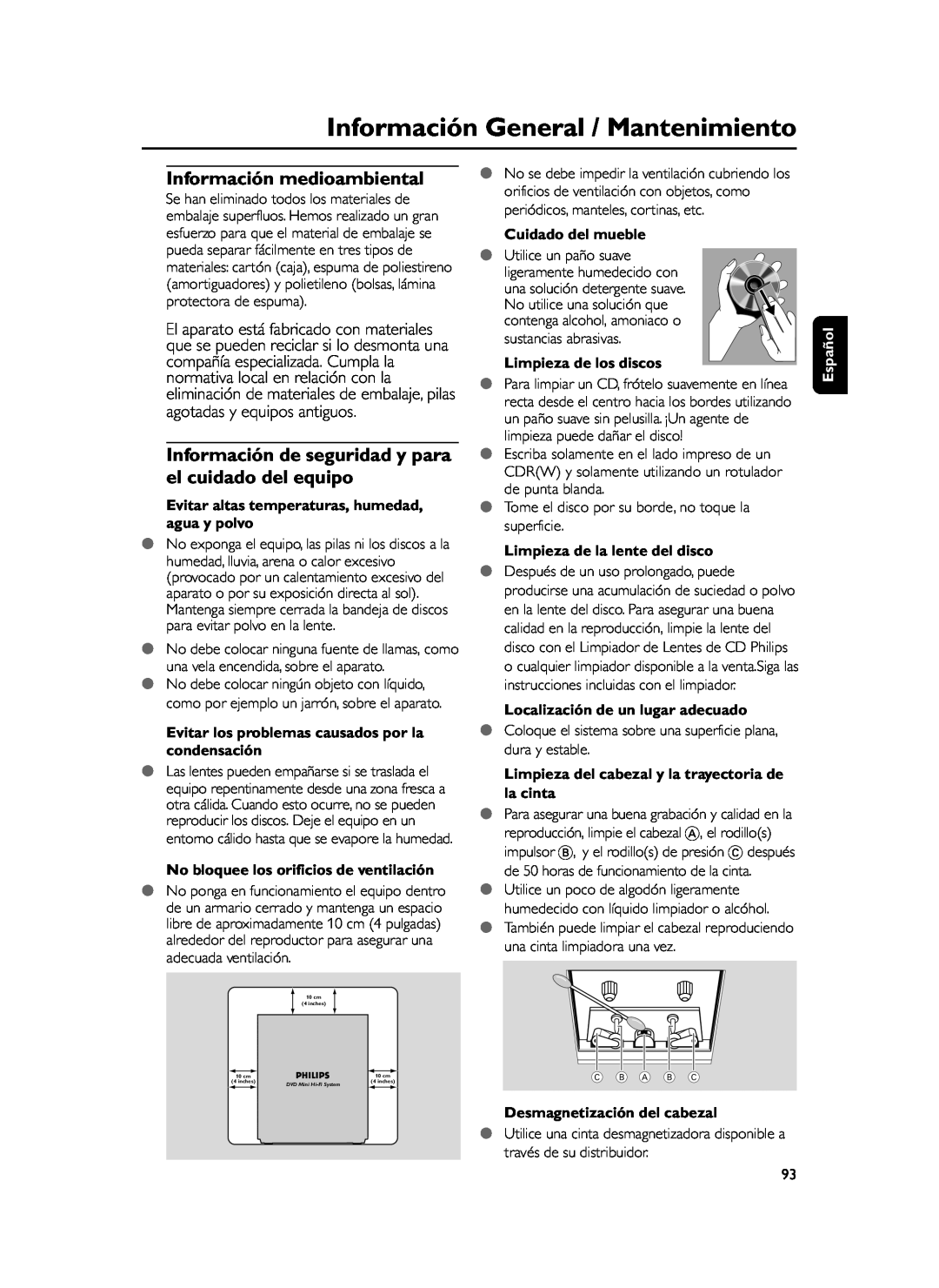 Philips FWD39 Información medioambiental, Evitar altas temperaturas, humedad, agua y polvo, Cuidado del mueble, Español 