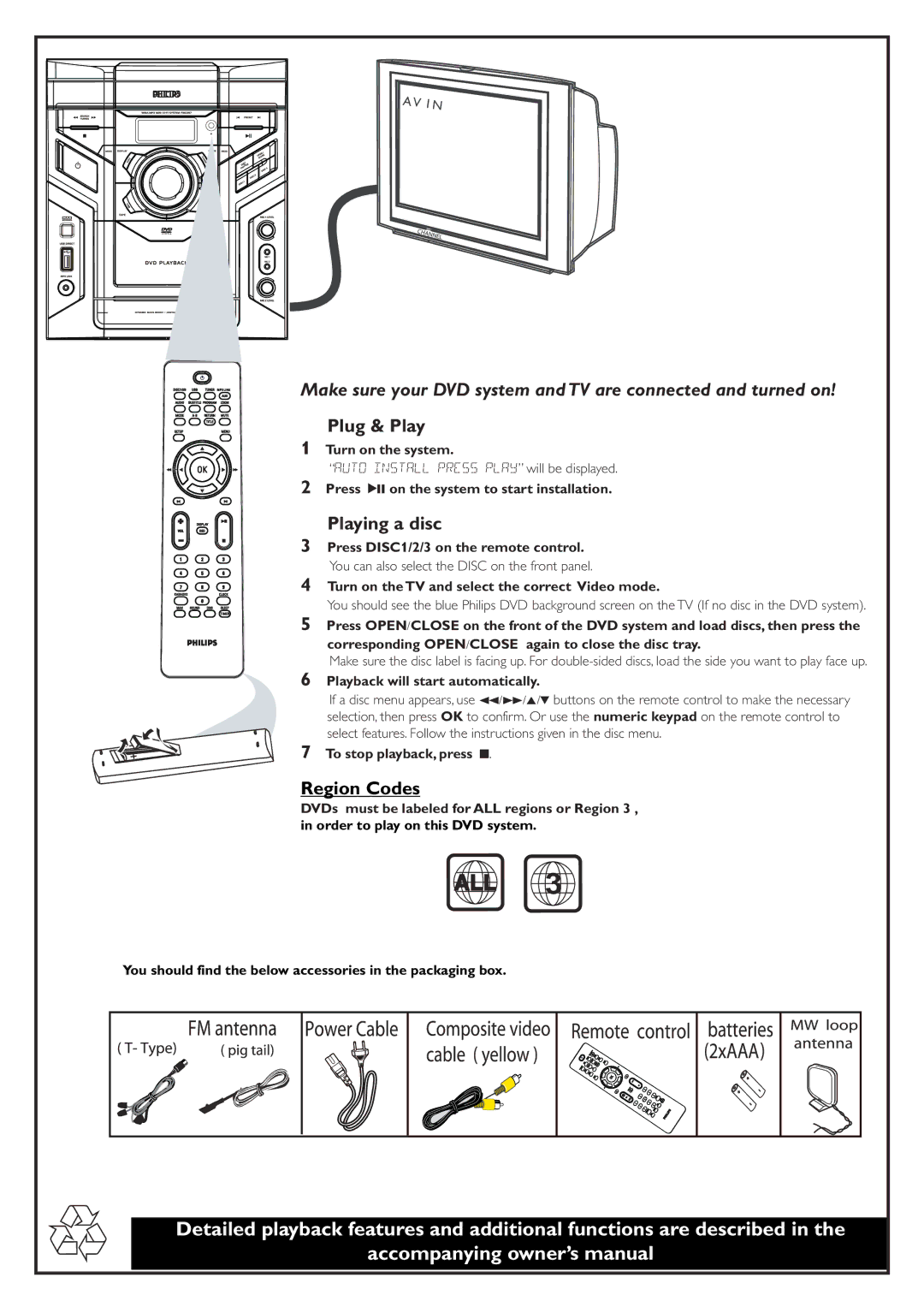 Philips FWD397/98 owner manual Plug & Play, Playing a disc, Region Codes 