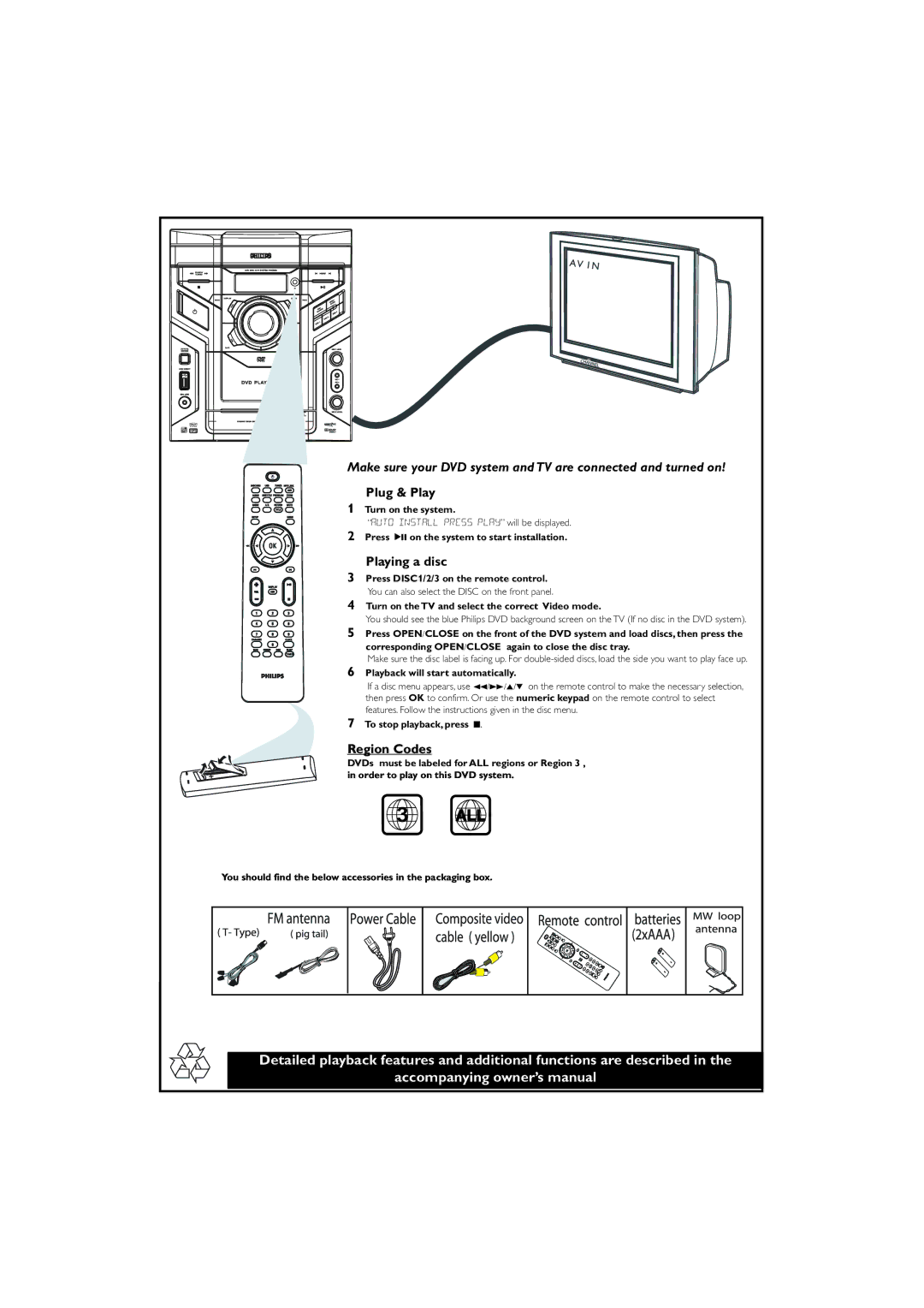 Philips FWD398/98 owner manual Plug & Play, Playing a disc, Region Codes 