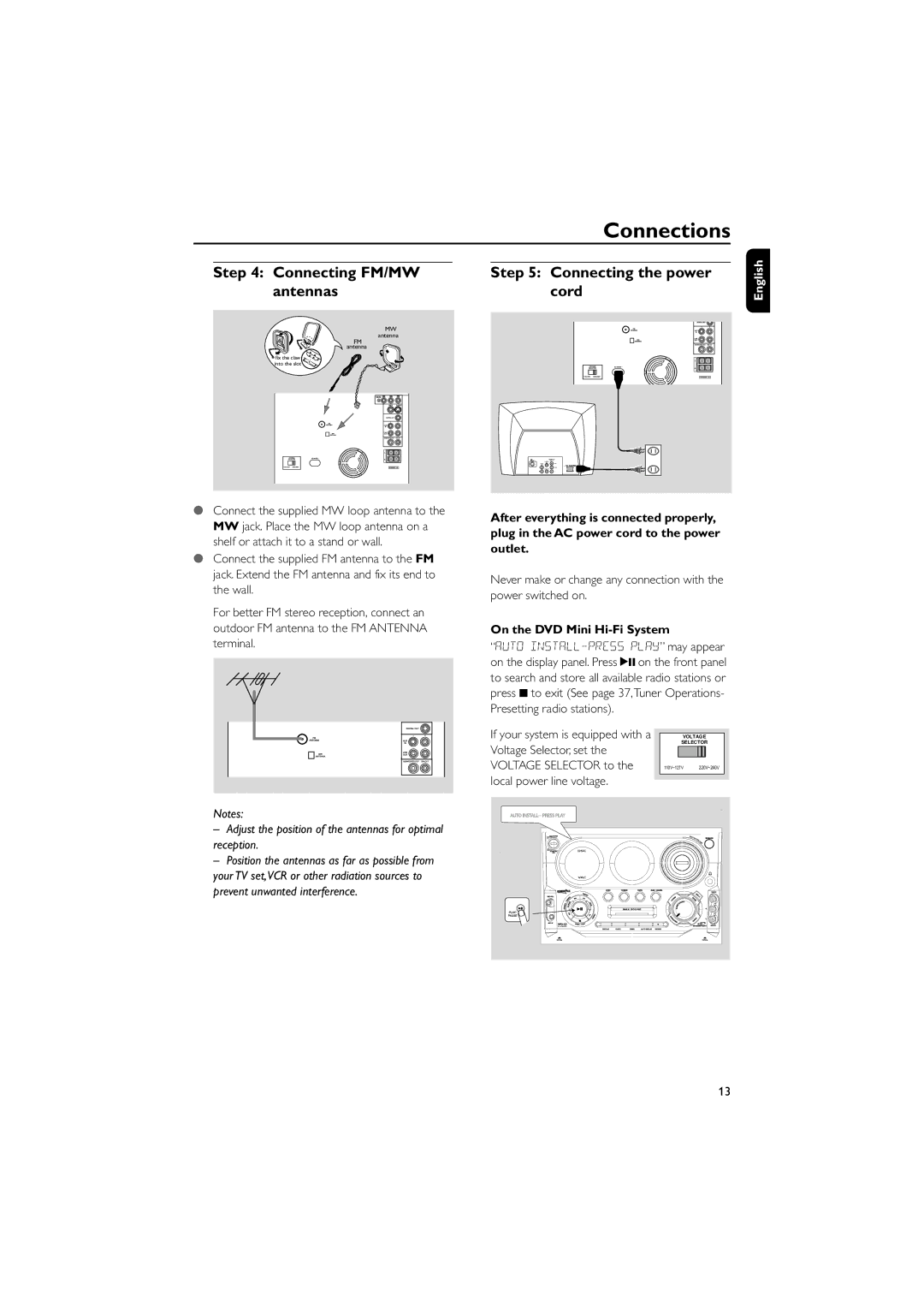 Philips FWD570 Connecting FM/MW Connecting the power Antennas Cord, On the DVD Mini Hi-Fi System, Voltage Selector, set 
