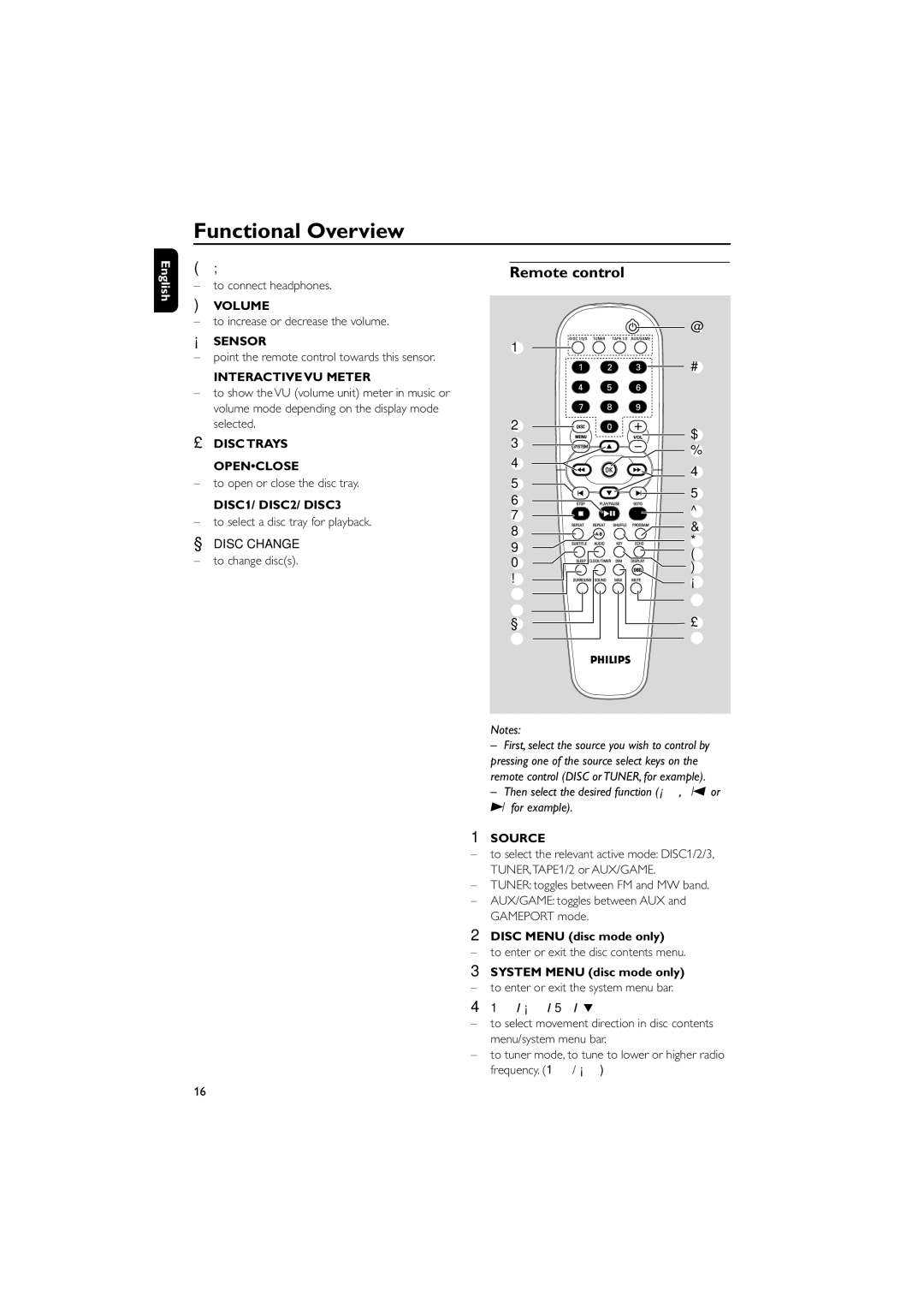 Philips FWD570 manual Remote control, Disc Menu disc mode only, System Menu disc mode only 