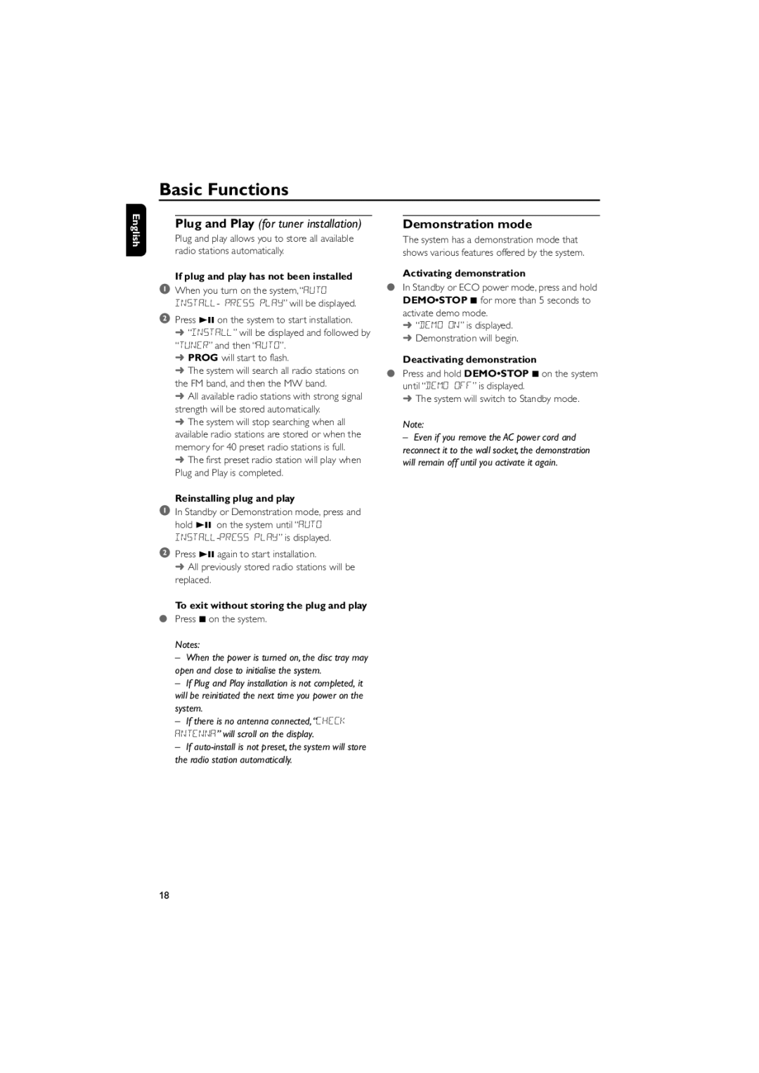 Philips FWD570 manual Basic Functions, Demonstration mode 