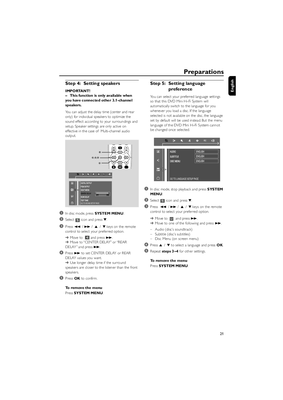 Philips FWD570 manual Setting speakers, Setting language preference 