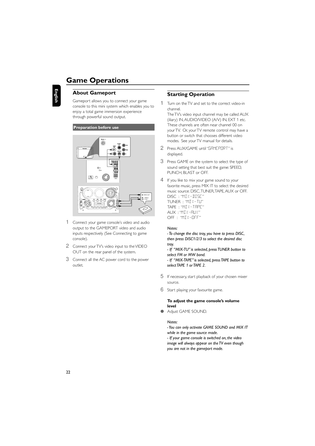 Philips FWD570 manual Game Operations, About Gameport, Starting Operation, Preparation before use 