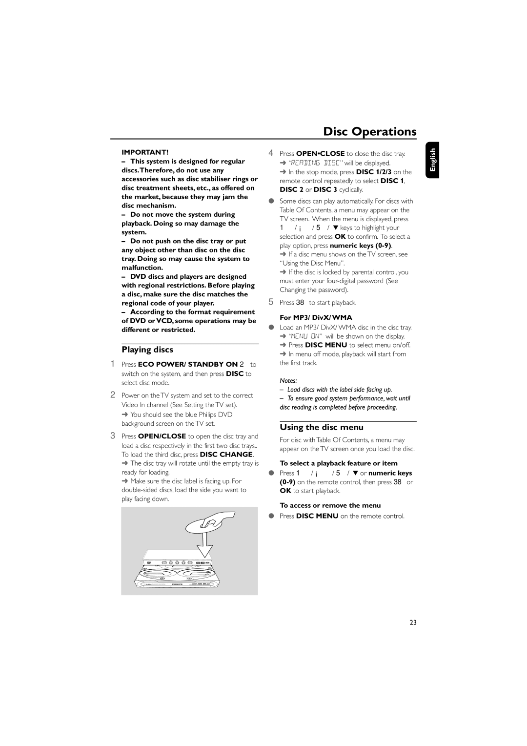 Philips FWD570 manual Disc Operations, Playing discs, Using the disc menu, For MP3/ DivX/ WMA 