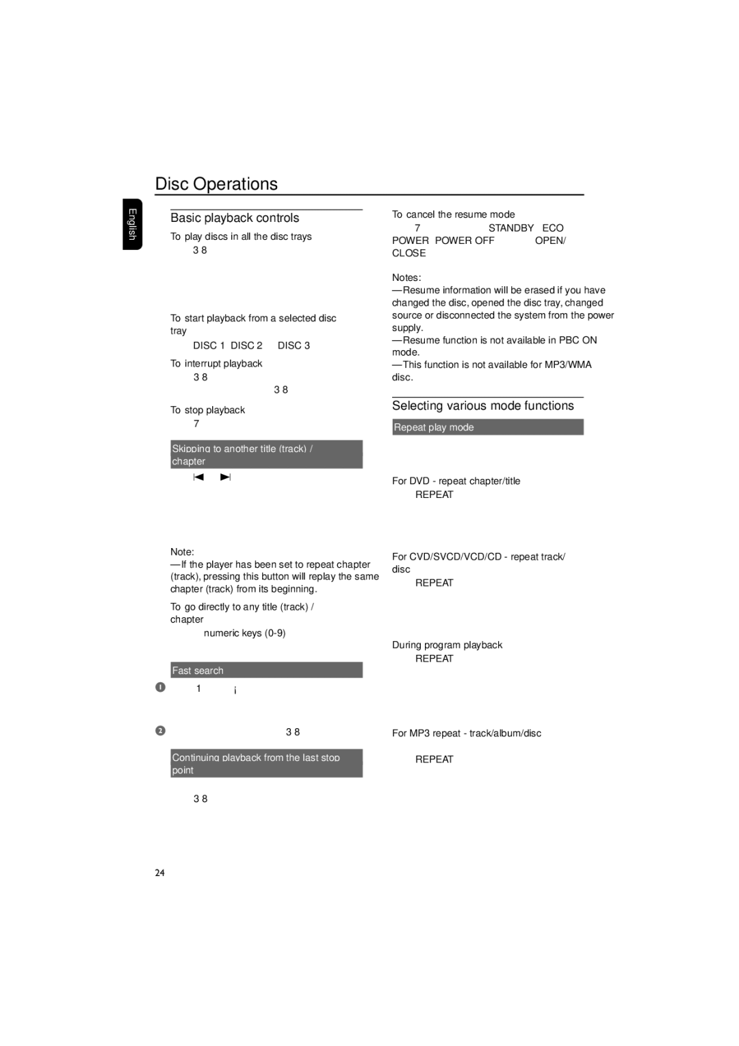 Philips FWD570 manual Basic playback controls, Selecting various mode functions 