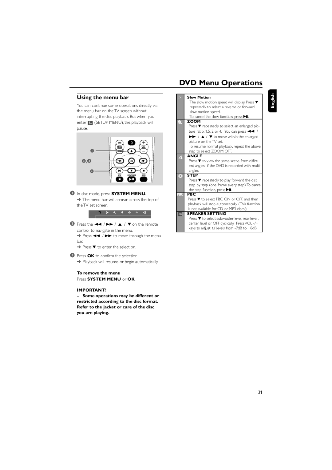 Philips FWD570 manual DVD Menu Operations, Using the menu bar 