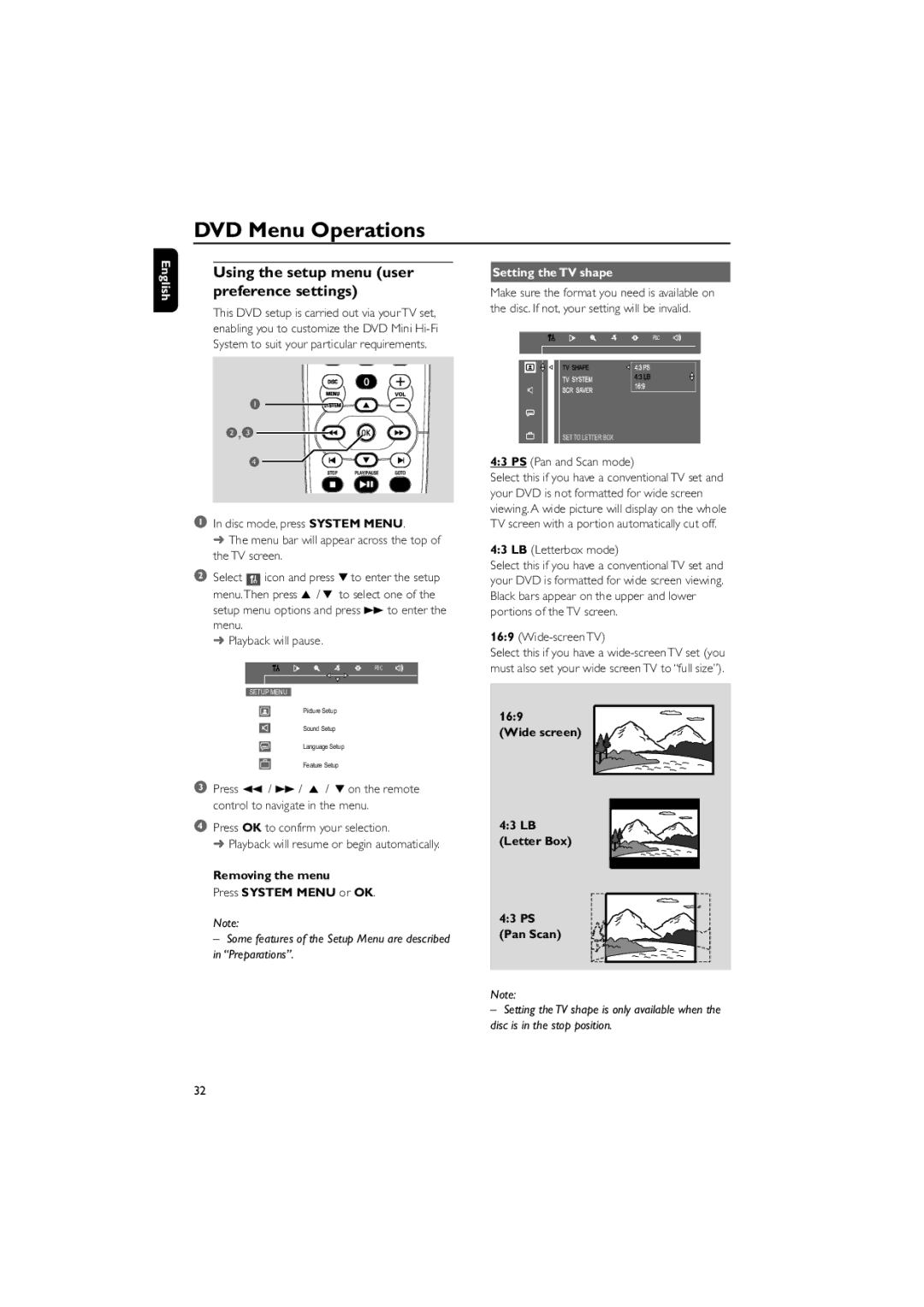 Philips FWD570 Using the setup menu user preference settings, Setting the TV shape, Wide screen LB Letter Box PS Pan Scan 