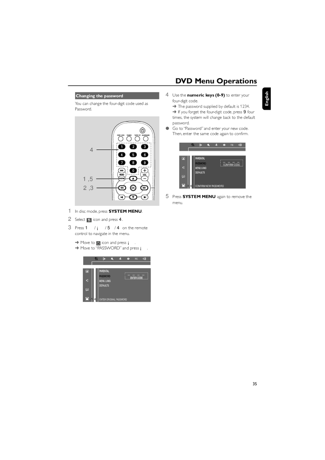 Philips FWD570 manual Changing the password, Use the numeric keys 0-9 to enter your four-digit code, Password 