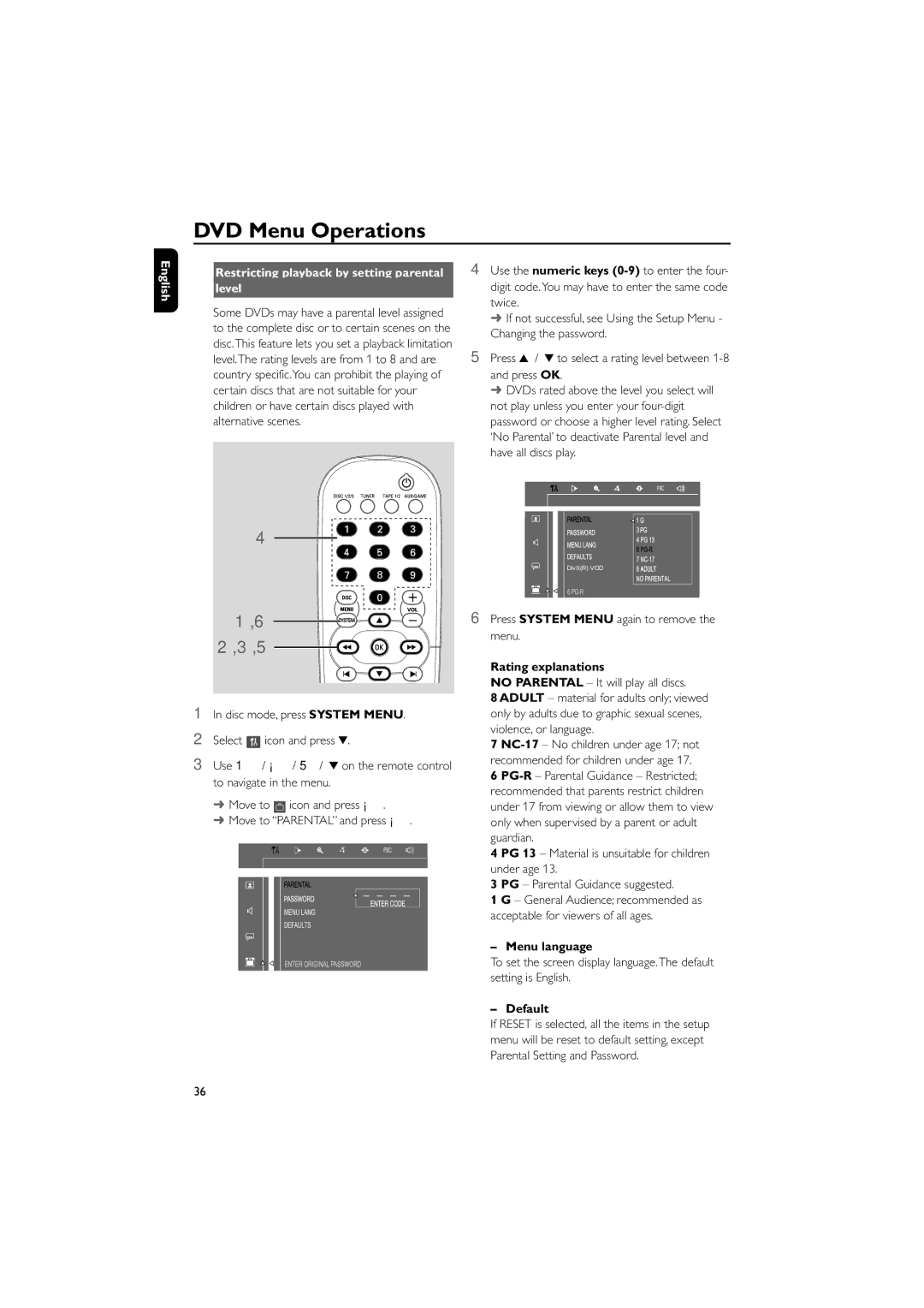 Philips FWD570 manual English Restricting playback by setting parental Level, Rating explanations, Menu language, Default 