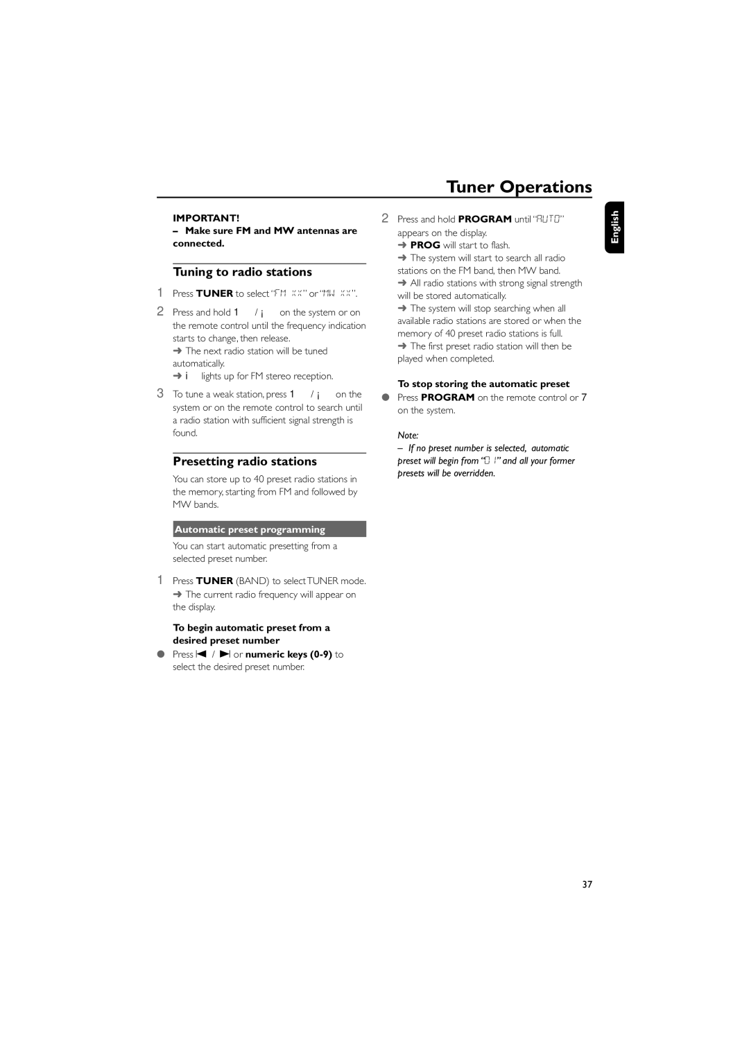 Philips FWD570 manual Tuner Operations, To stop storing the automatic preset 