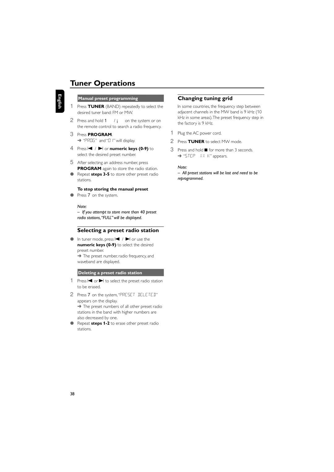 Philips FWD570 manual Selecting a preset radio station, Changing tuning grid, English Manual preset programming 