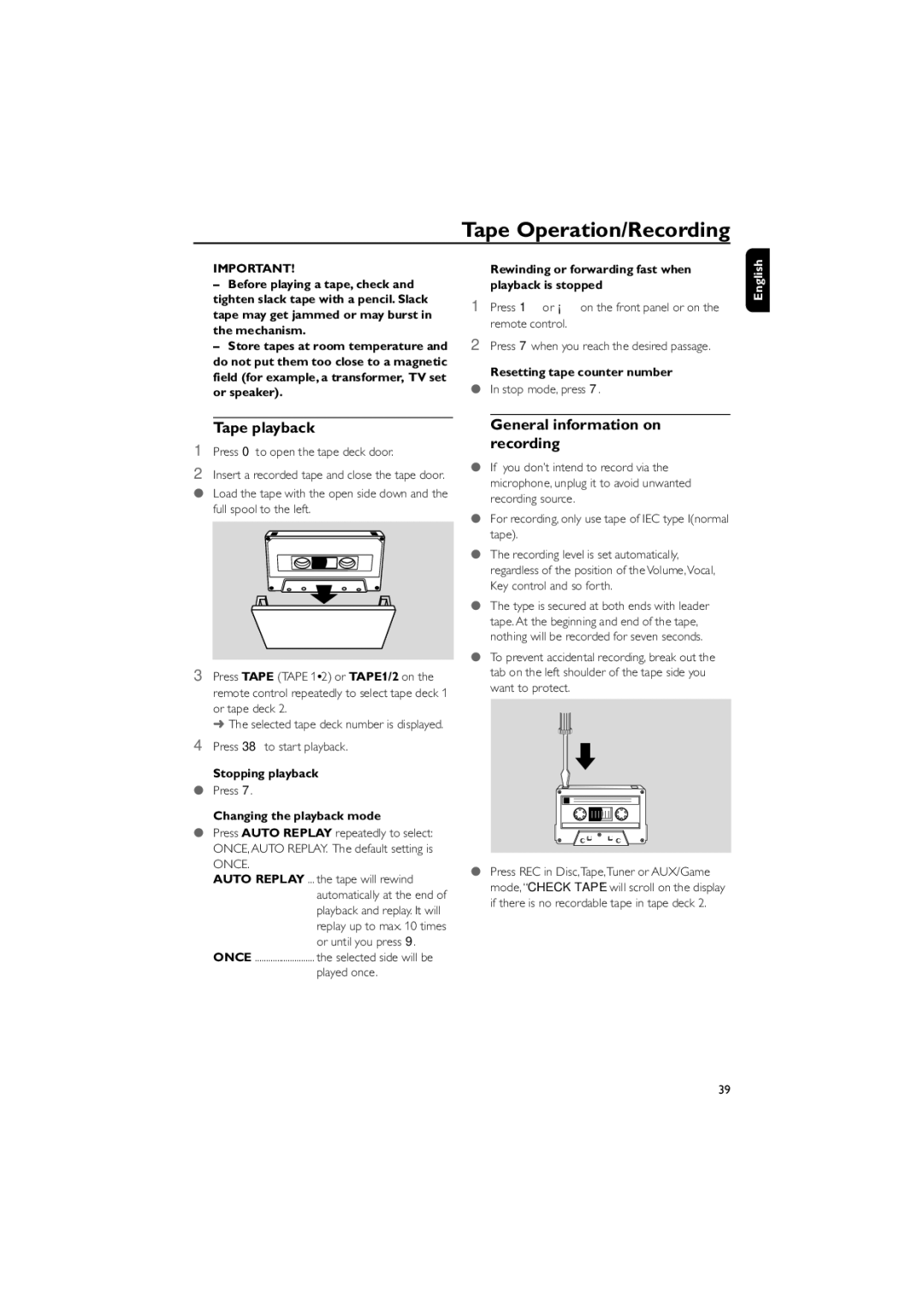 Philips FWD570 manual Tape Operation/Recording, Tape playback, General information on recording 