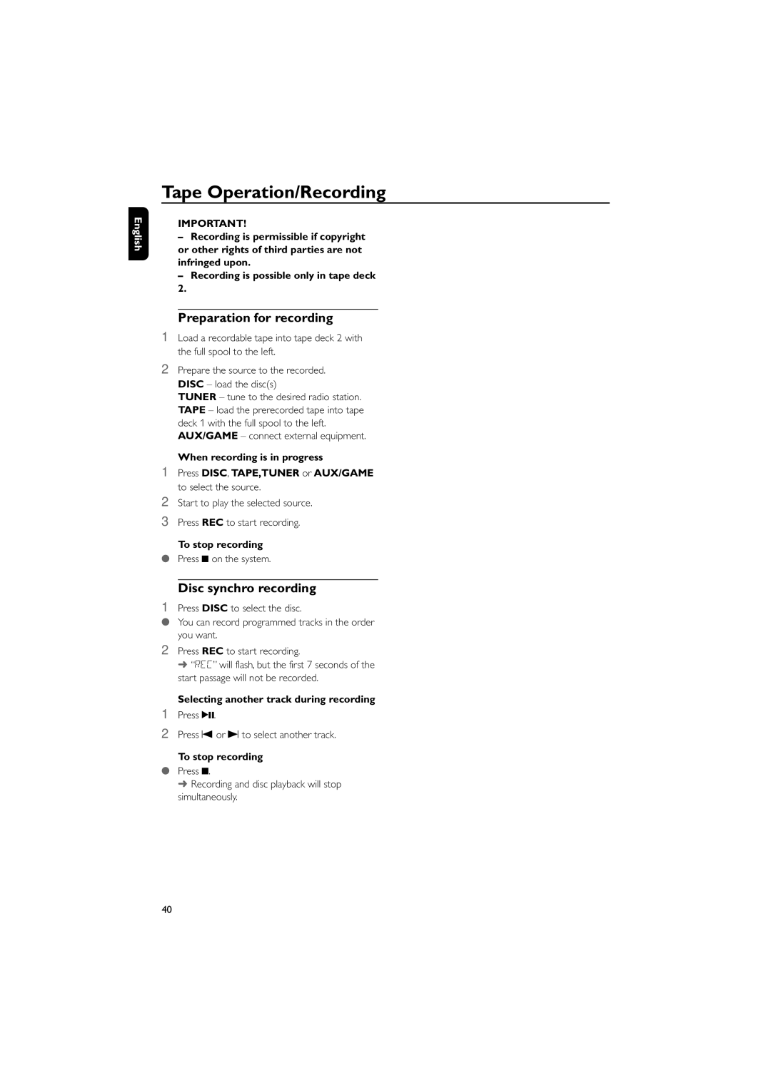 Philips FWD570 manual Preparation for recording, Disc synchro recording, To stop recording 