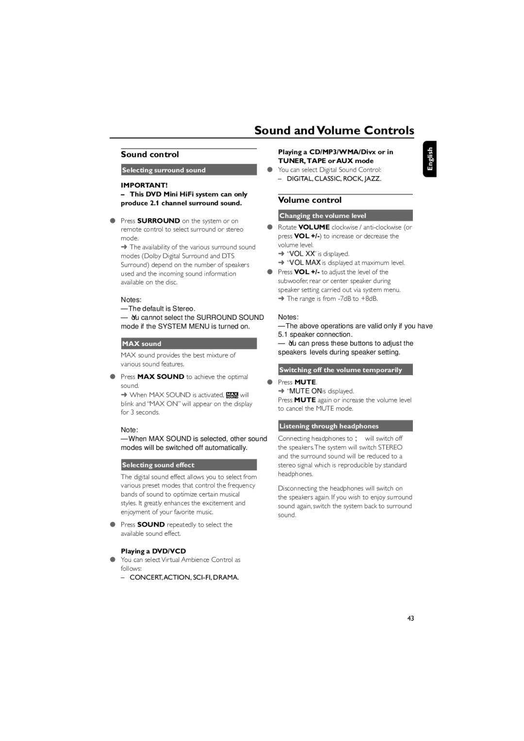 Philips FWD570 manual Sound and Volume Controls, Sound control, Volume control 