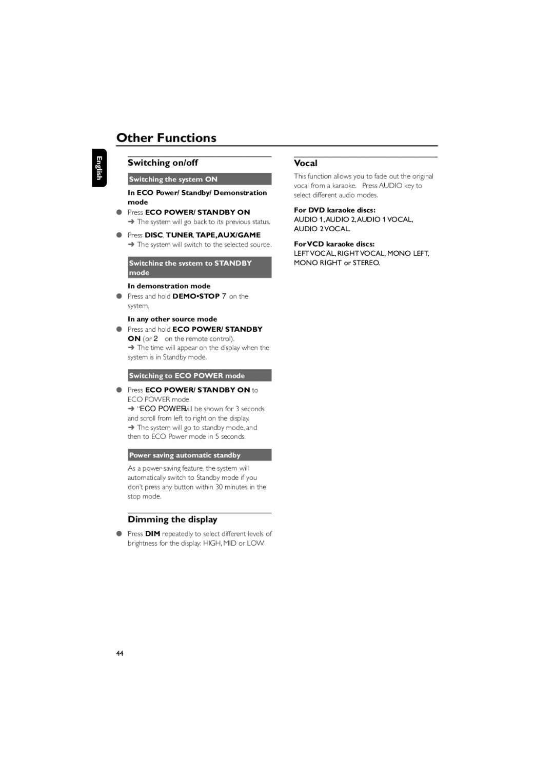 Philips FWD570 manual Other Functions, Switching on/off, Vocal, Dimming the display 