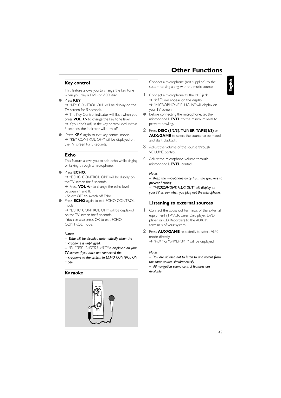 Philips FWD570 manual Key control, Echo, Karaoke, Listening to external sources 