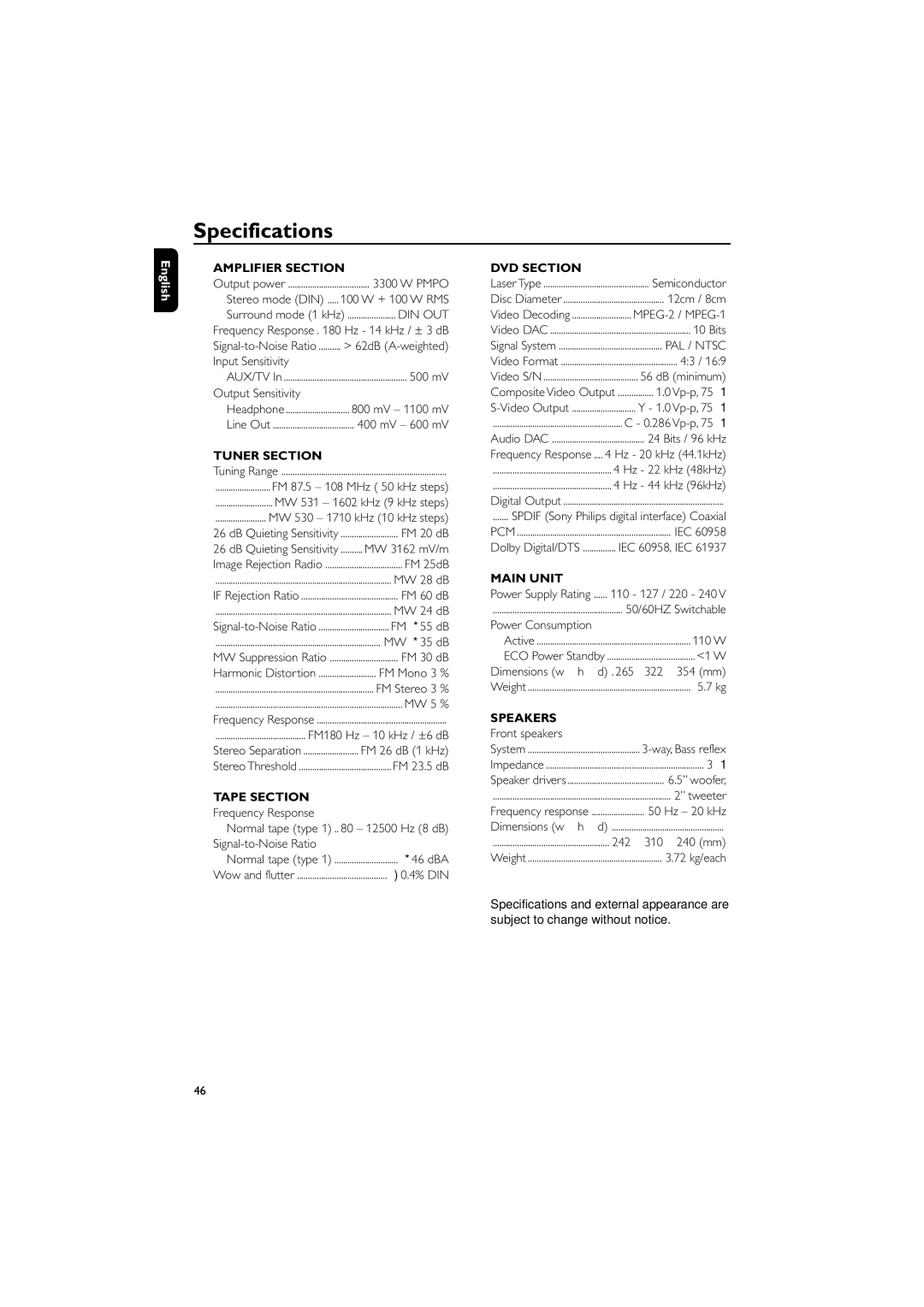 Philips FWD570 manual Specifications 