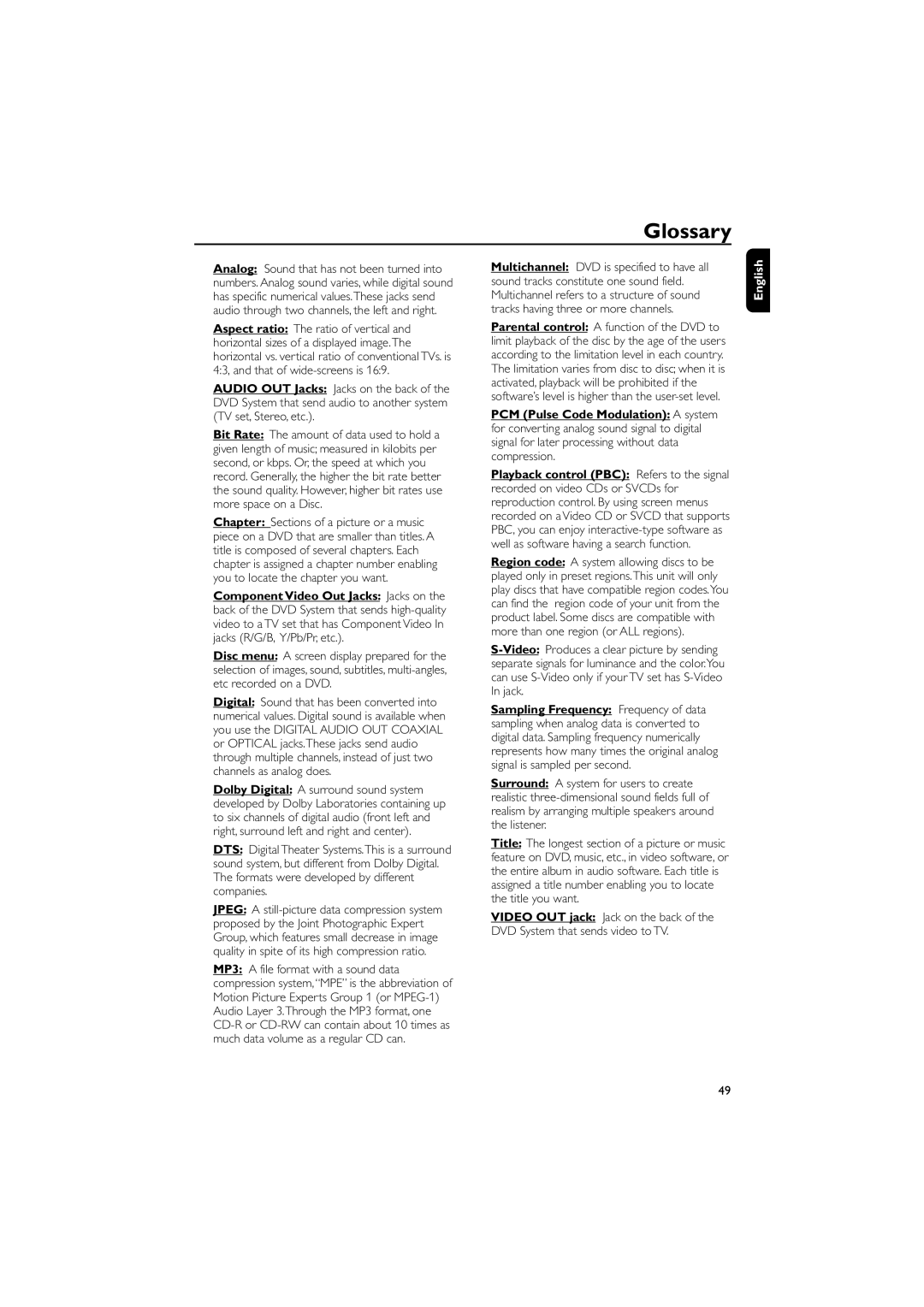 Philips FWD570 manual Glossary, English 