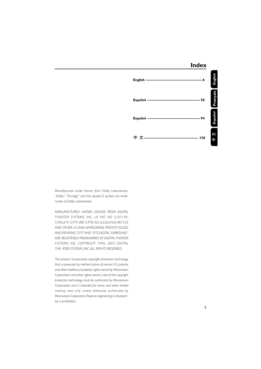 Philips FWD570 manual Index, Español 138, English 