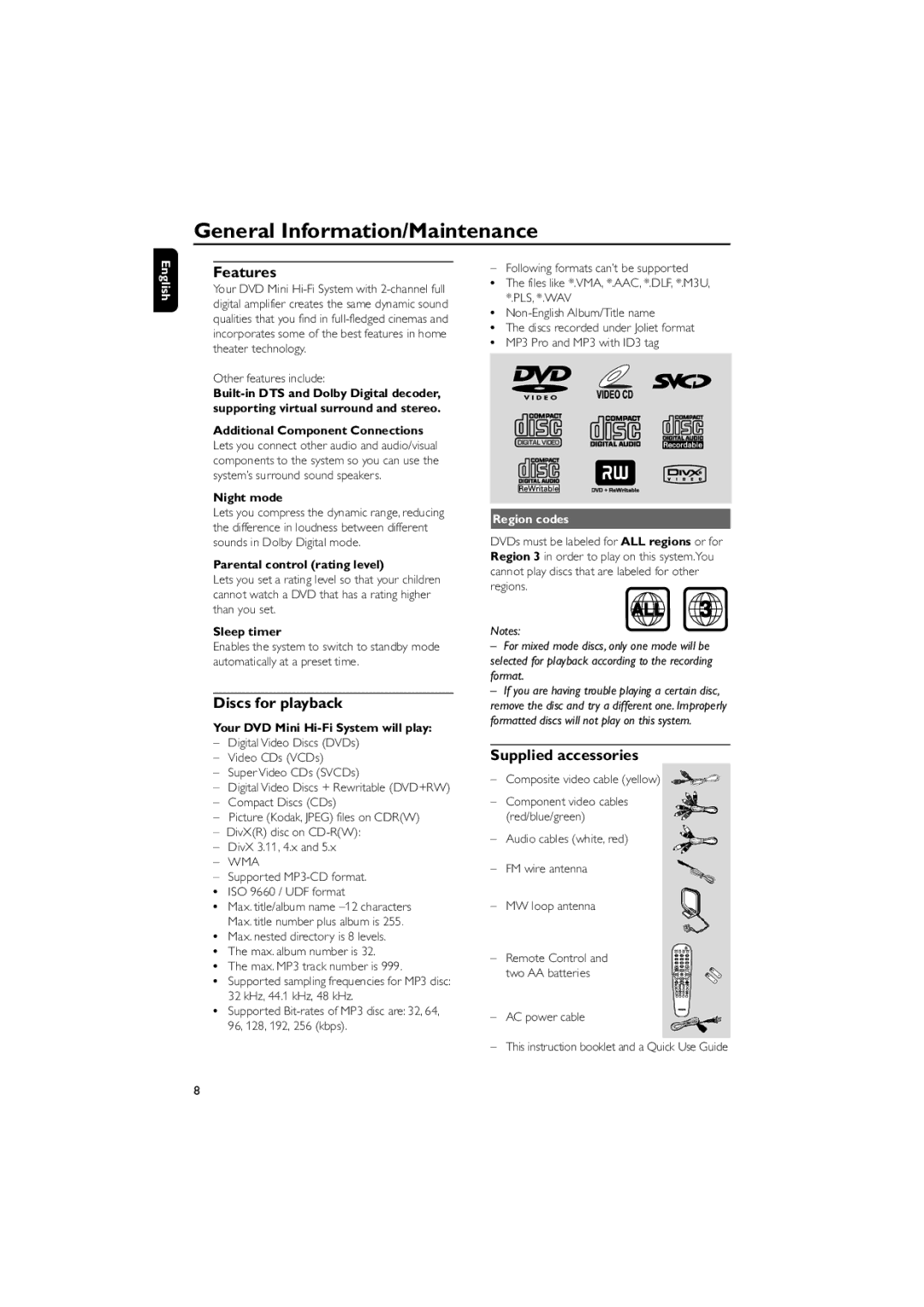 Philips FWD570 manual General Information/Maintenance, Features, Discs for playback, Supplied accessories, Region codes 