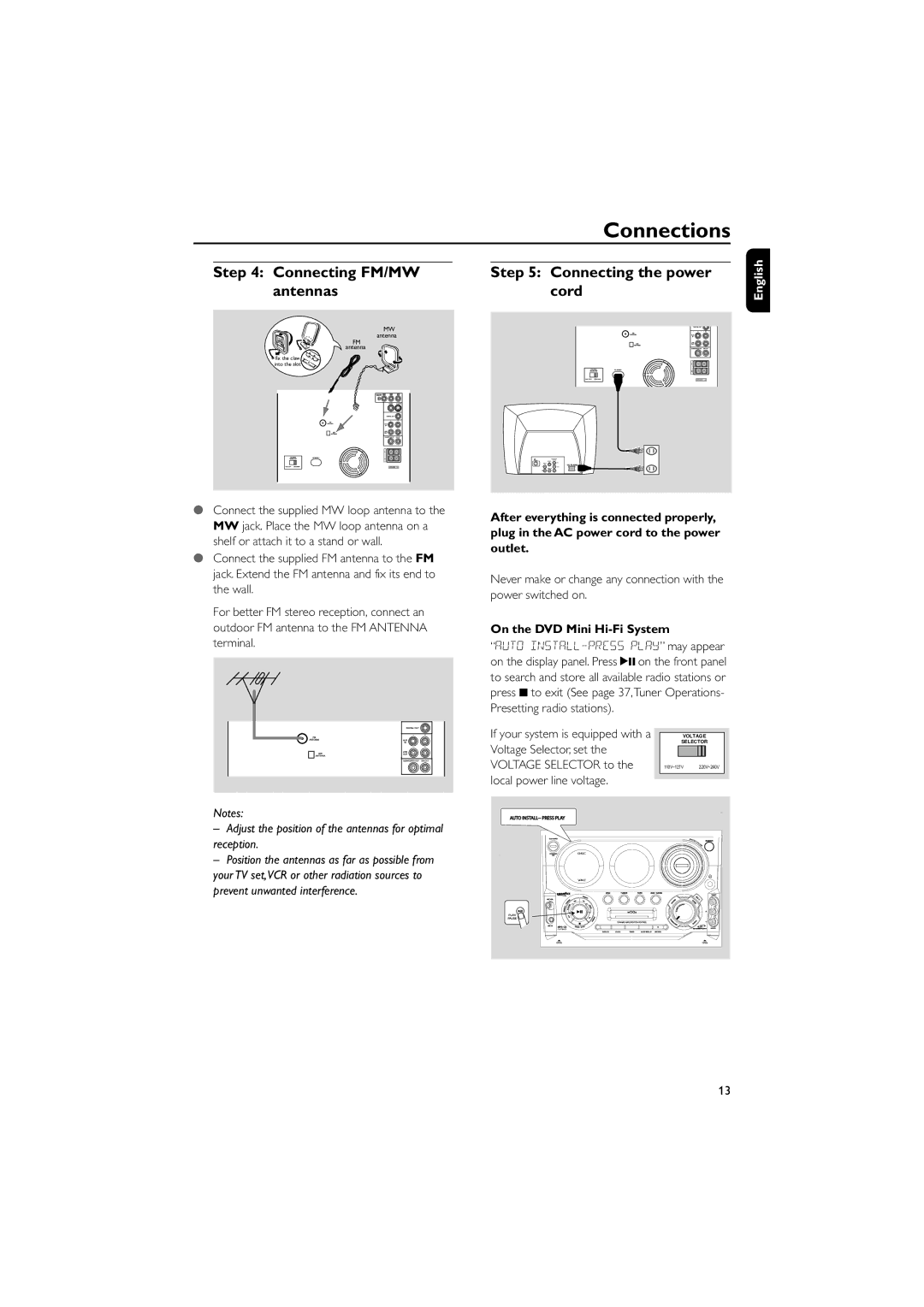 Philips FWD790/21 Connecting FM/MW Connecting the power Antennas Cord, On the DVD Mini Hi-Fi System, Voltage Selector, set 
