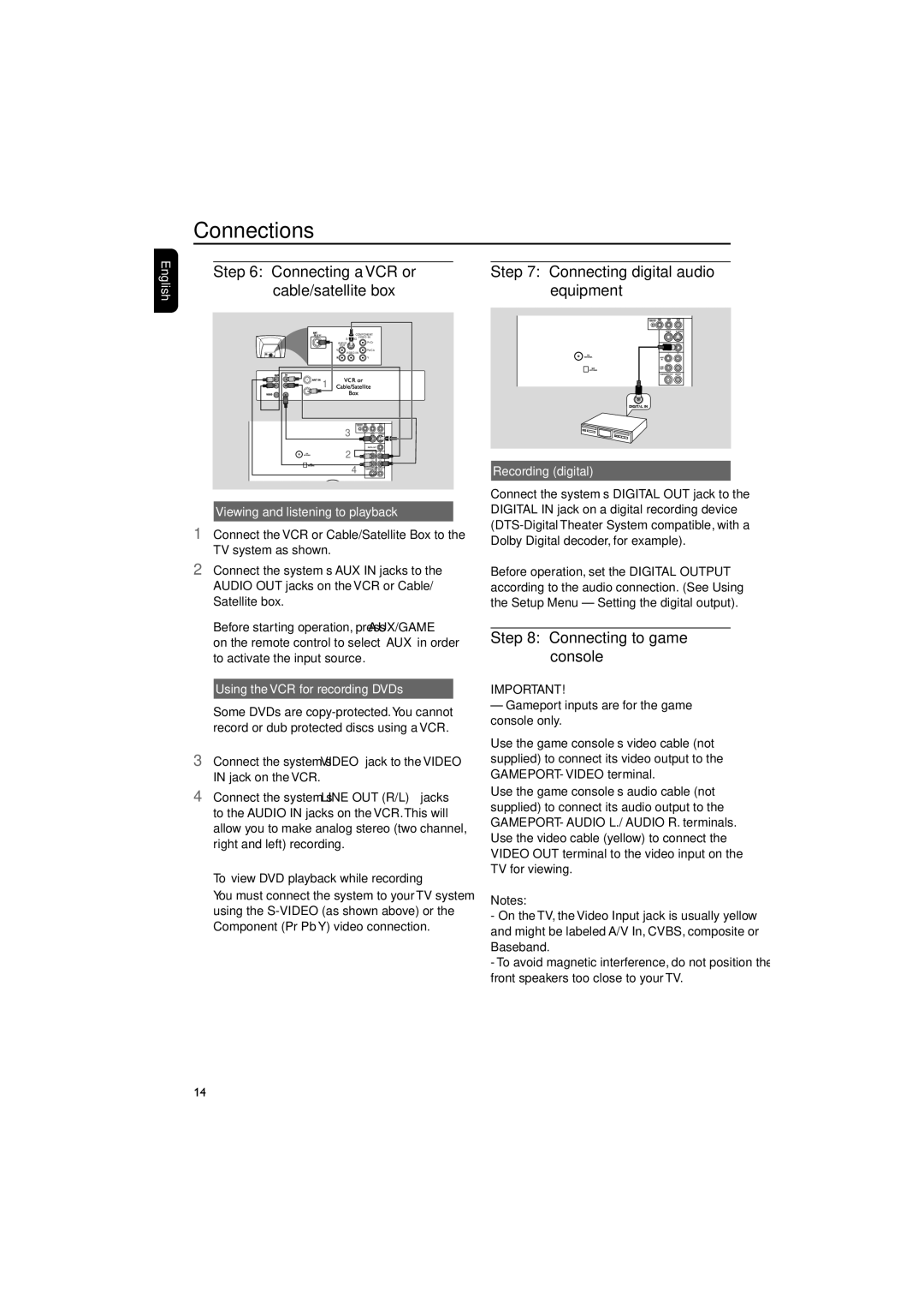 Philips FWD790/21M manual Connecting a VCR or, Cable/satellite box Equipment, Connecting to game console 