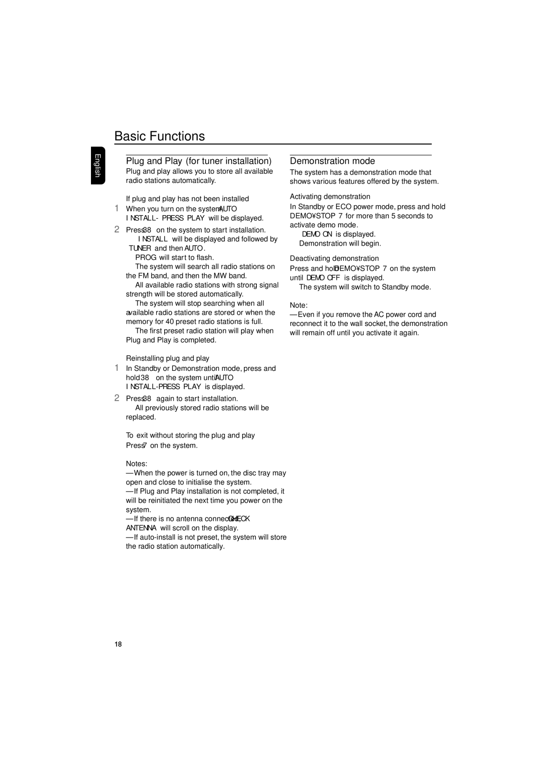 Philips FWD790/21M manual Basic Functions, Demonstration mode 