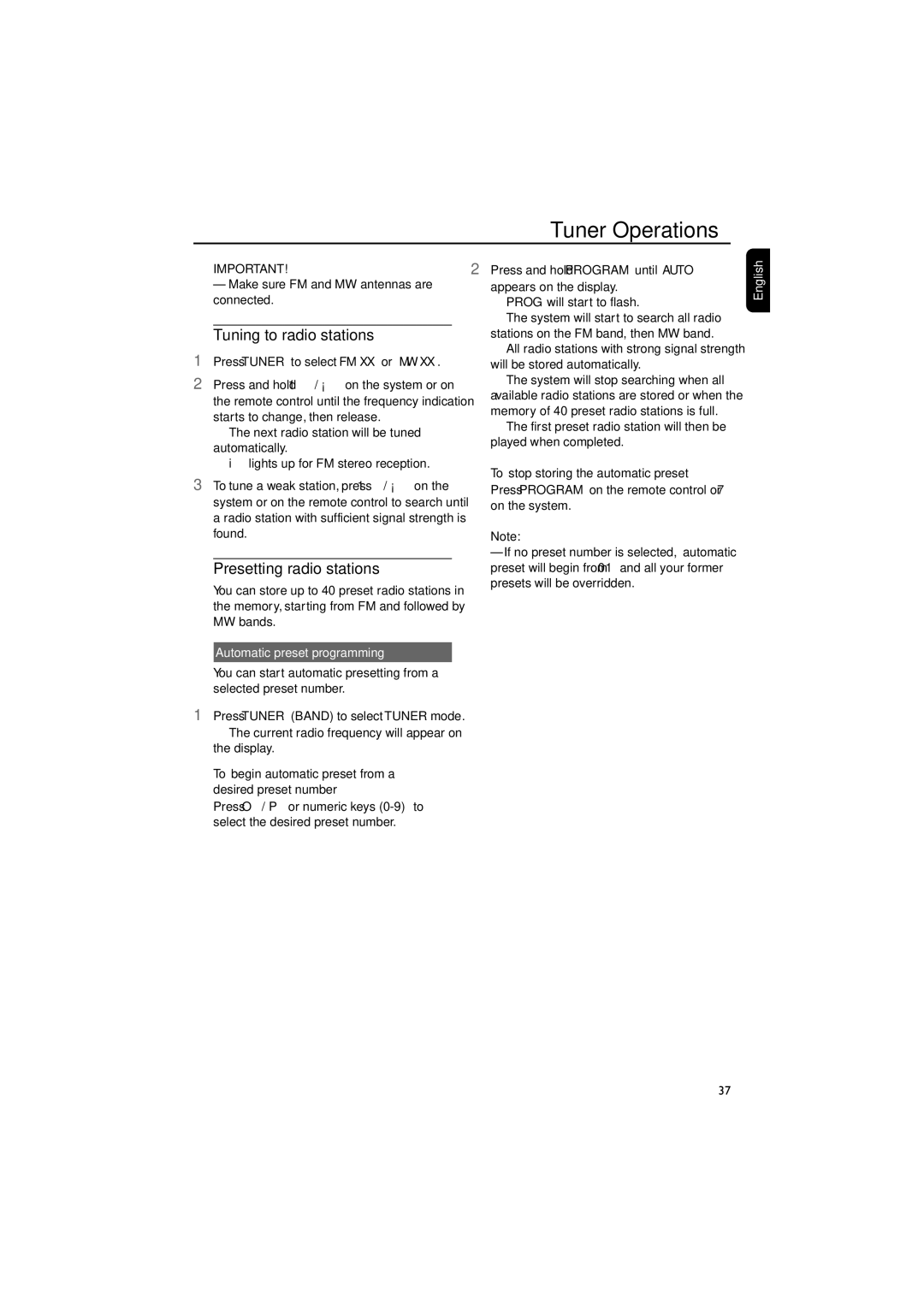 Philips FWD790/21M manual Tuner Operations, To stop storing the automatic preset 