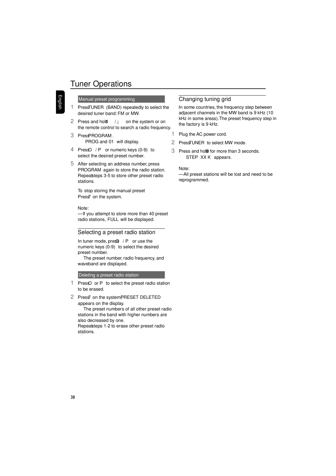 Philips FWD790/21M manual Changing tuning grid, Selecting a preset radio station, English Manual preset programming 