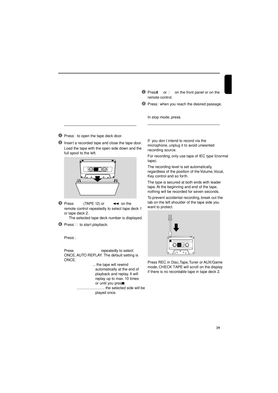 Philips FWD790/21M manual Tape Operation/Recording, Tape playback, General information on recording 