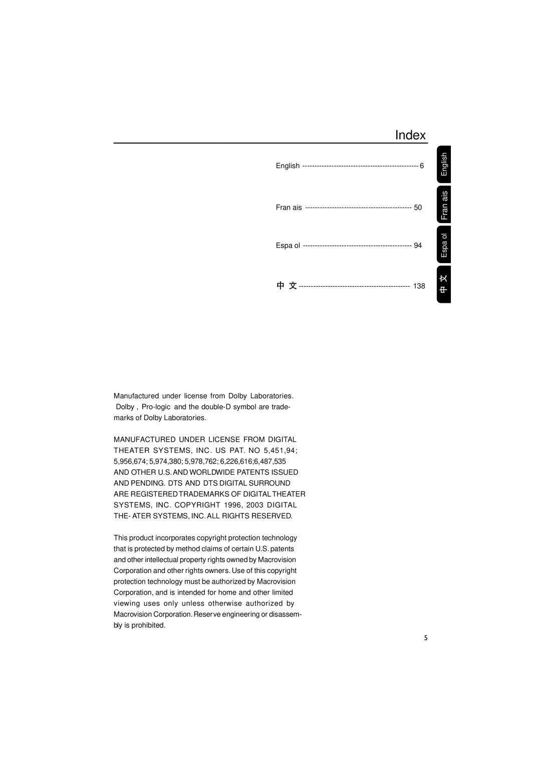 Philips FWD790/21M manual Index, Español 138, English 