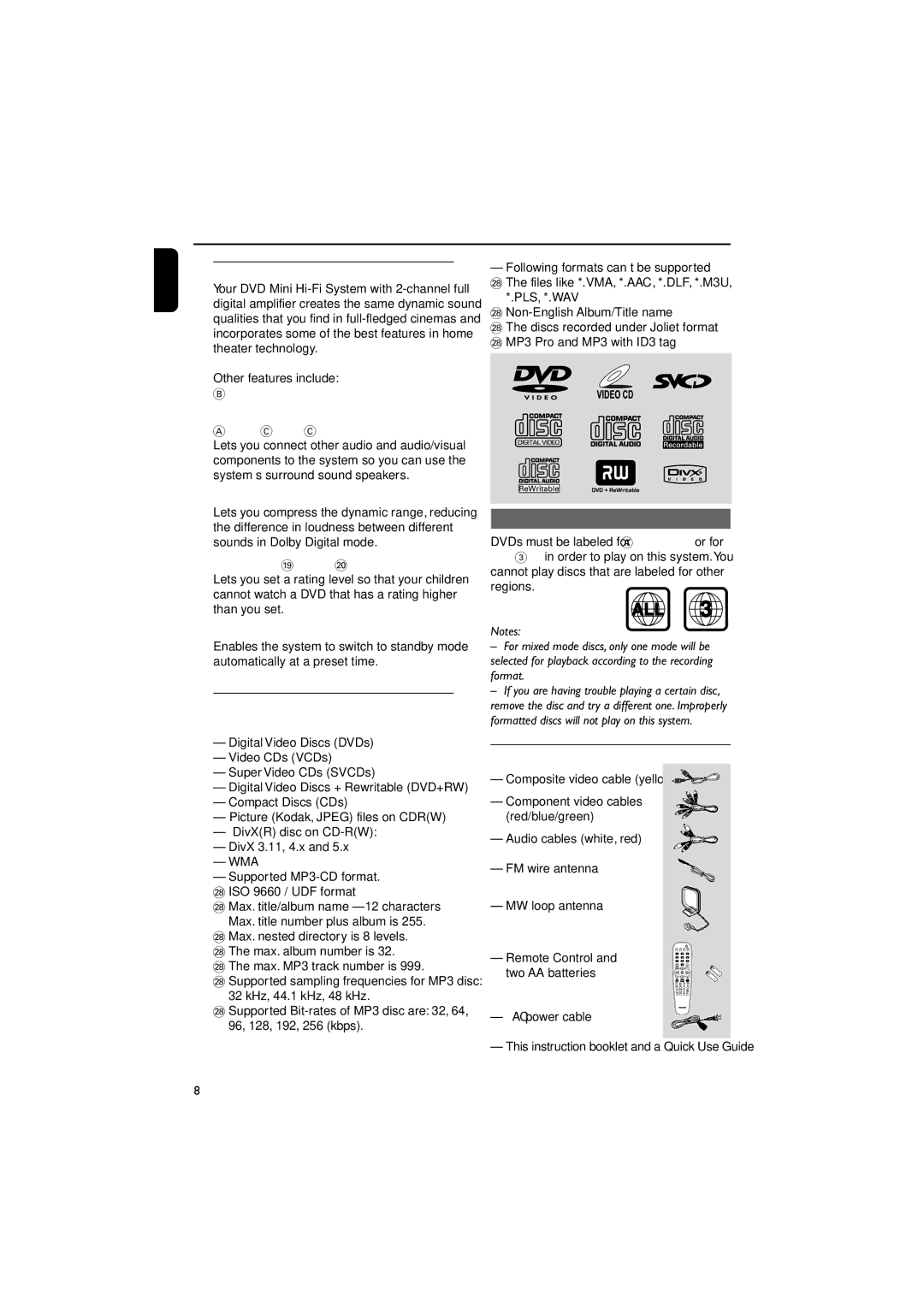 Philips FWD790/21M manual General Information/Maintenance, Features, Discs for playback, Supplied accessories, Region codes 