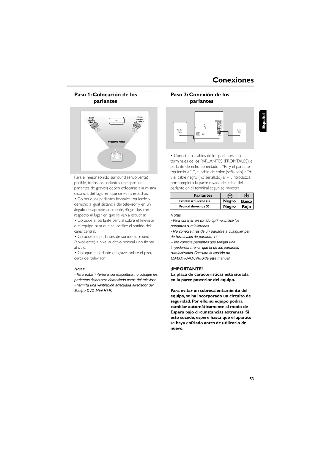 Philips FWD792 user manual Conexiones, Paso 1 Colocación de los, Paso 2 Conexión de los parlantes, Parlantes, ¡Importante 