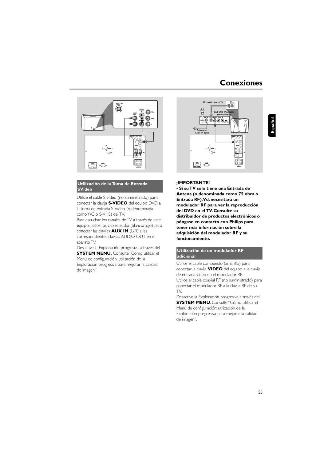 Philips FWD792 user manual Español Utilización de la Toma de Entrada SVídeo, Utilización de un modulador RF Adicional 