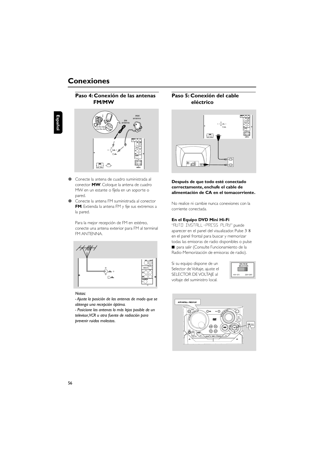 Philips FWD792 user manual Paso 4 Conexión de las antenas, Eléctrico, En el Equipo DVD Mini Hi-Fi 