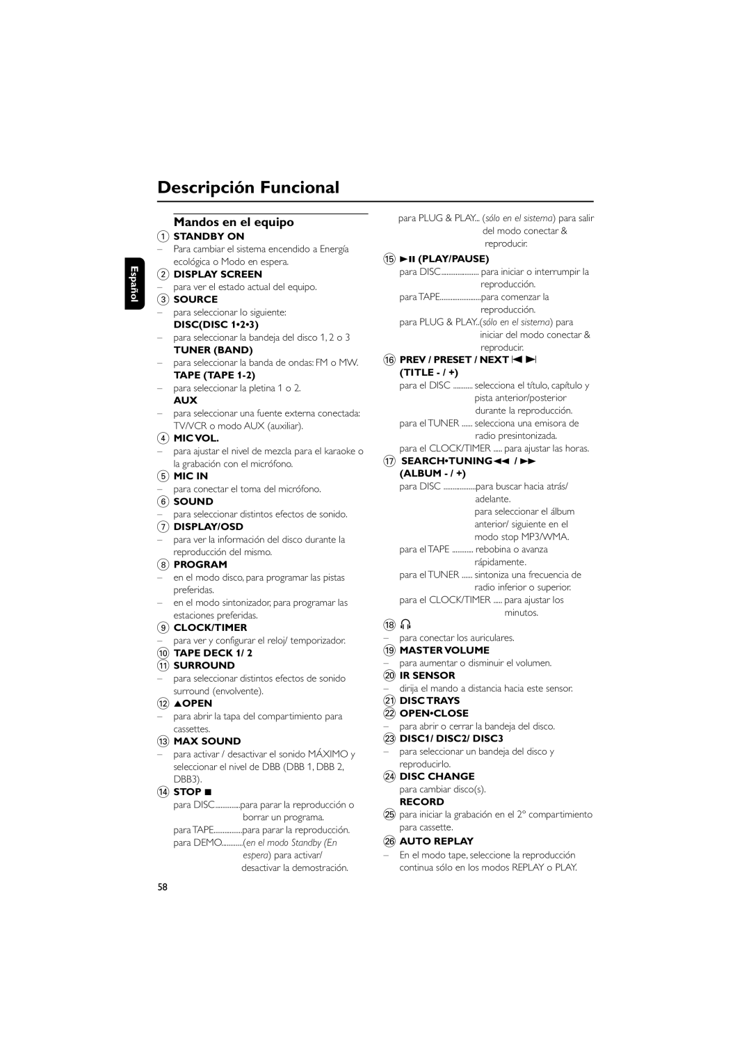 Philips FWD792 user manual Descripción Funcional, Mandos en el equipo 