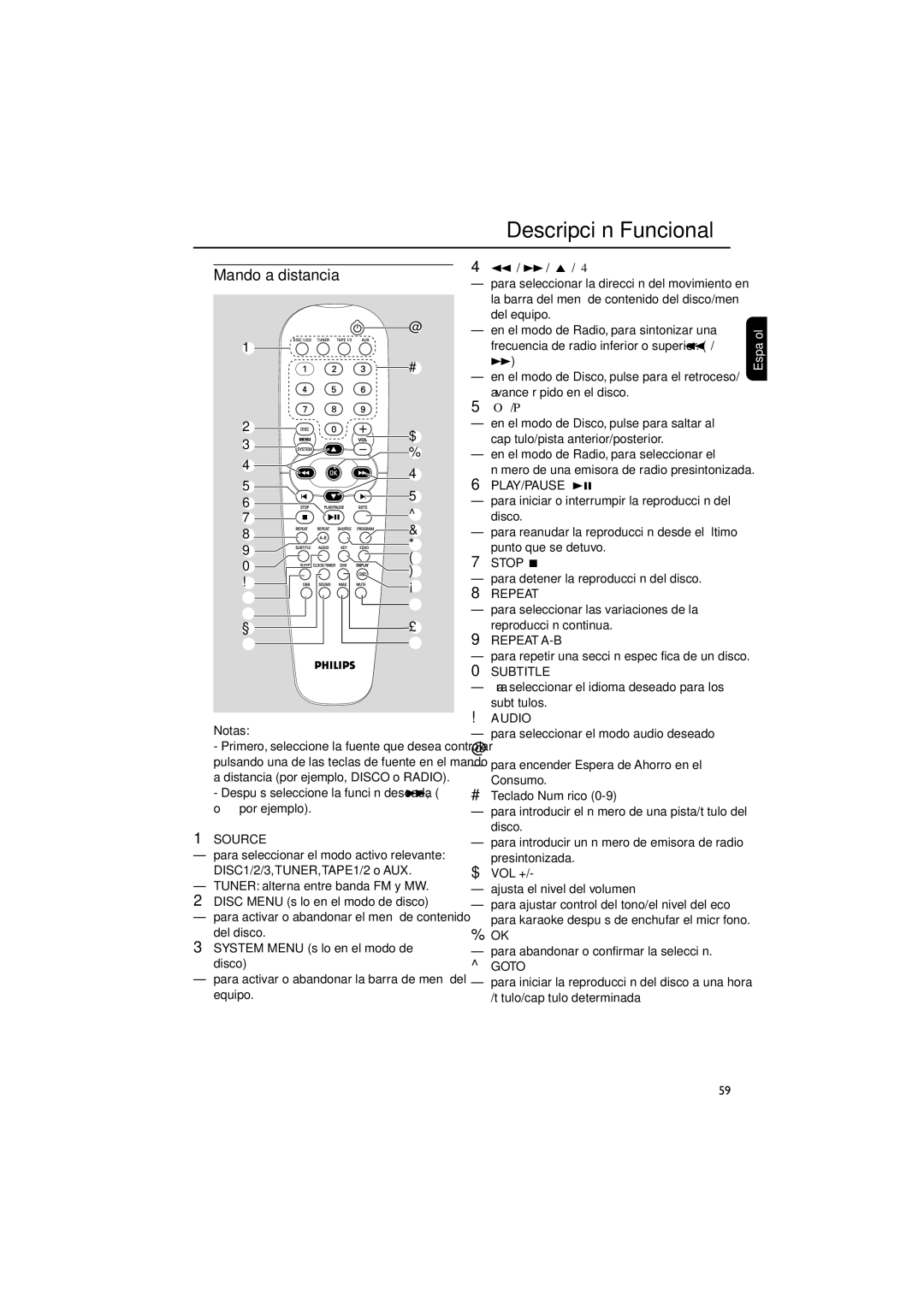 Philips FWD792 user manual Mando a distancia 