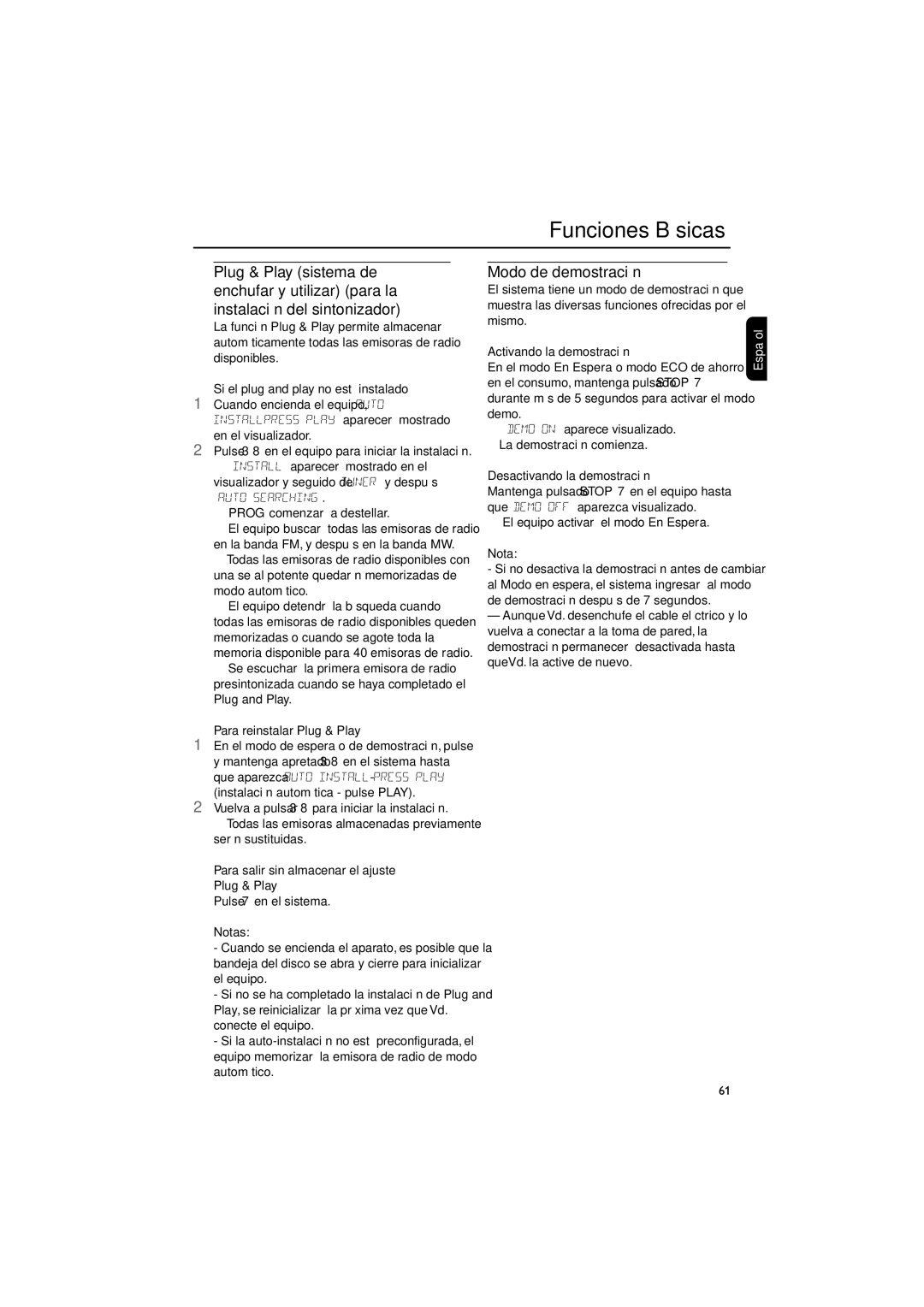 Philips FWD792 user manual Funciones Básicas, Modo de demostración 