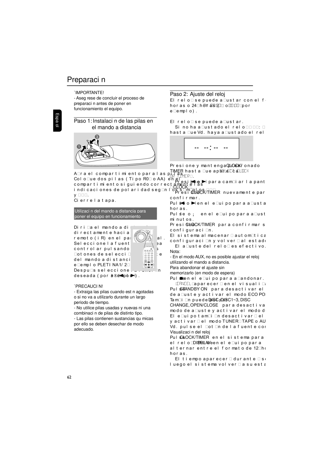 Philips FWD792 user manual Preparación, ¡Precaución, Visualización del reloj 