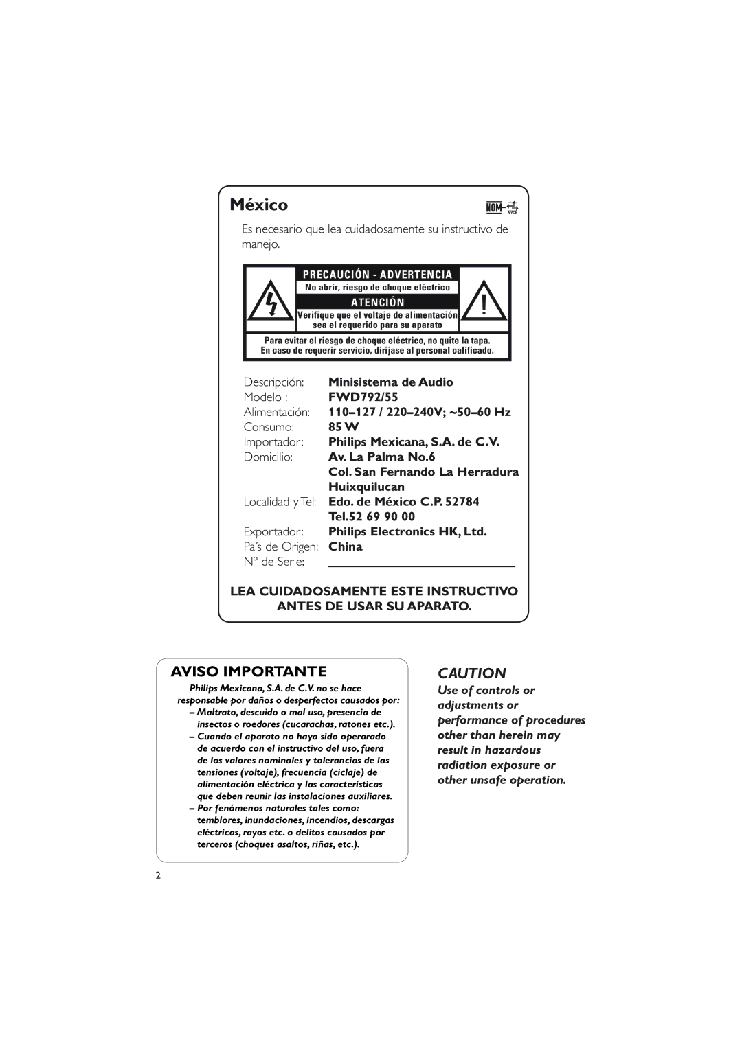 Philips FWD792 user manual México 