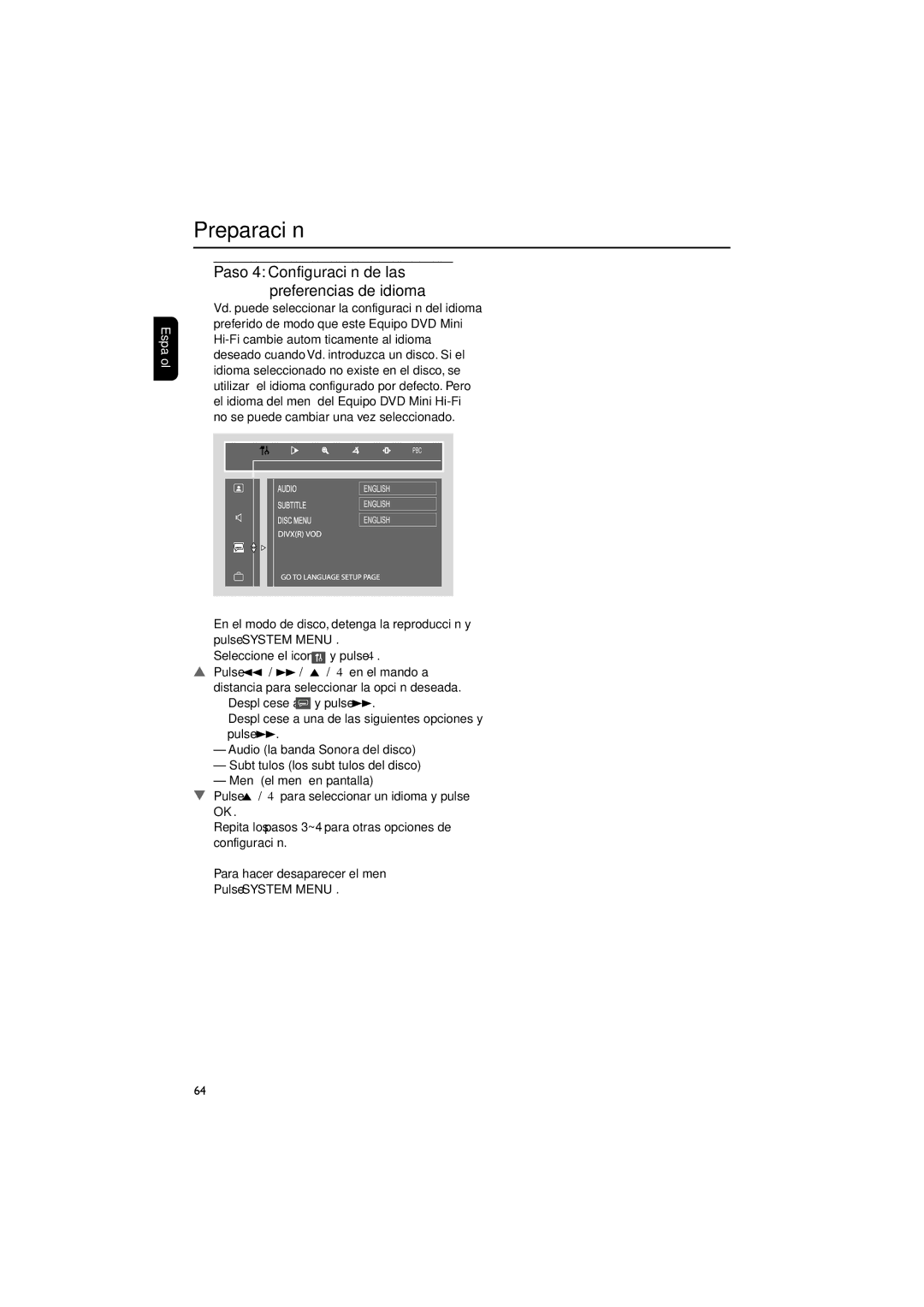 Philips FWD792 user manual Paso 4 Configuración de las preferencias de idioma 