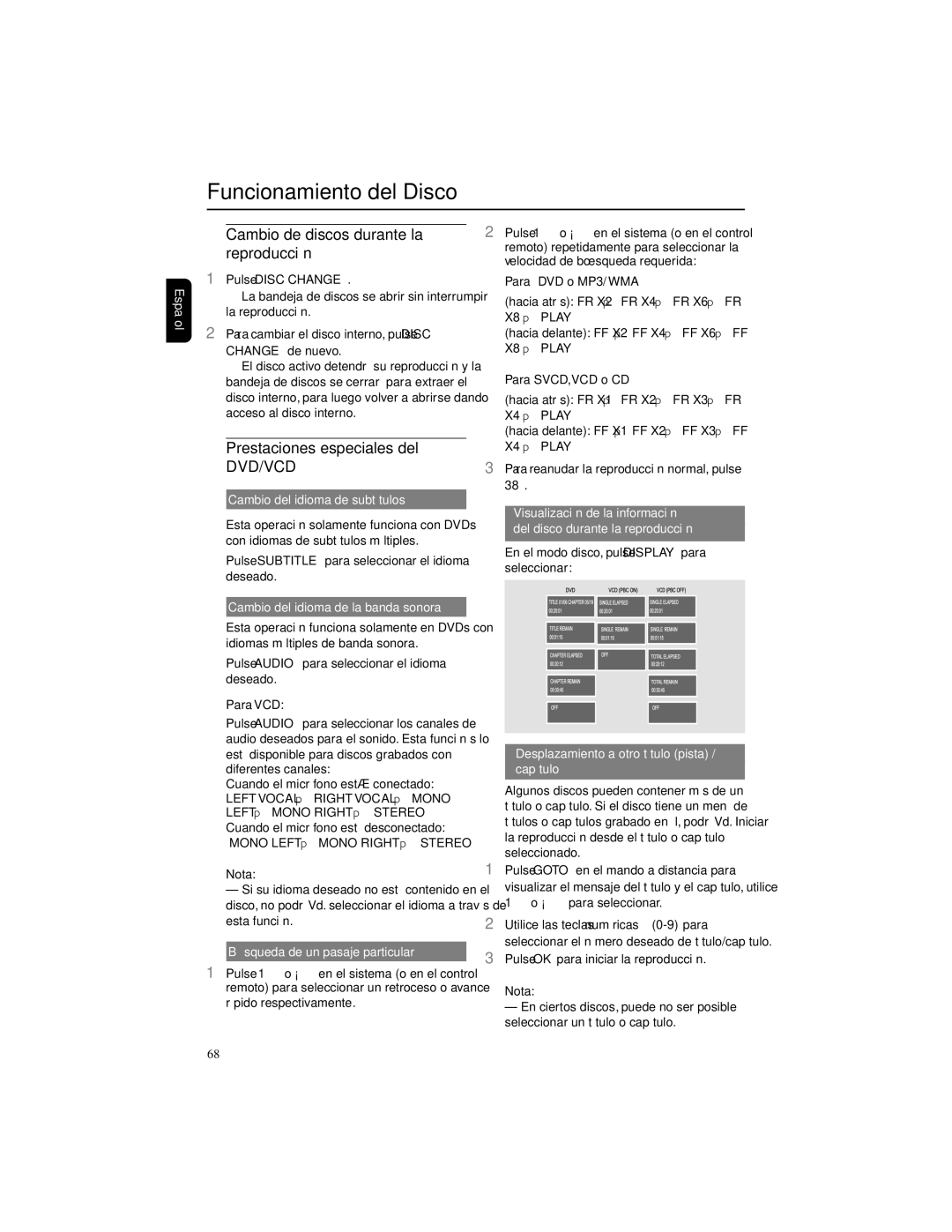 Philips FWD792 user manual Cambio de discos durante la reproducción, Prestaciones especiales del 