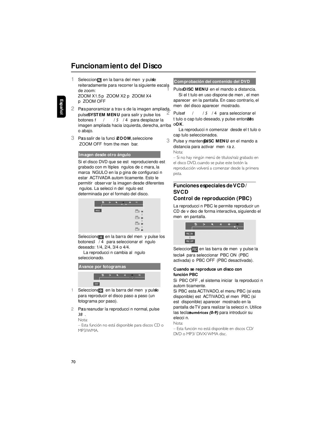 Philips FWD792 user manual Funciones especiales de VCD, Imagen desde otro ángulo, Comprobación del contenido del DVD 