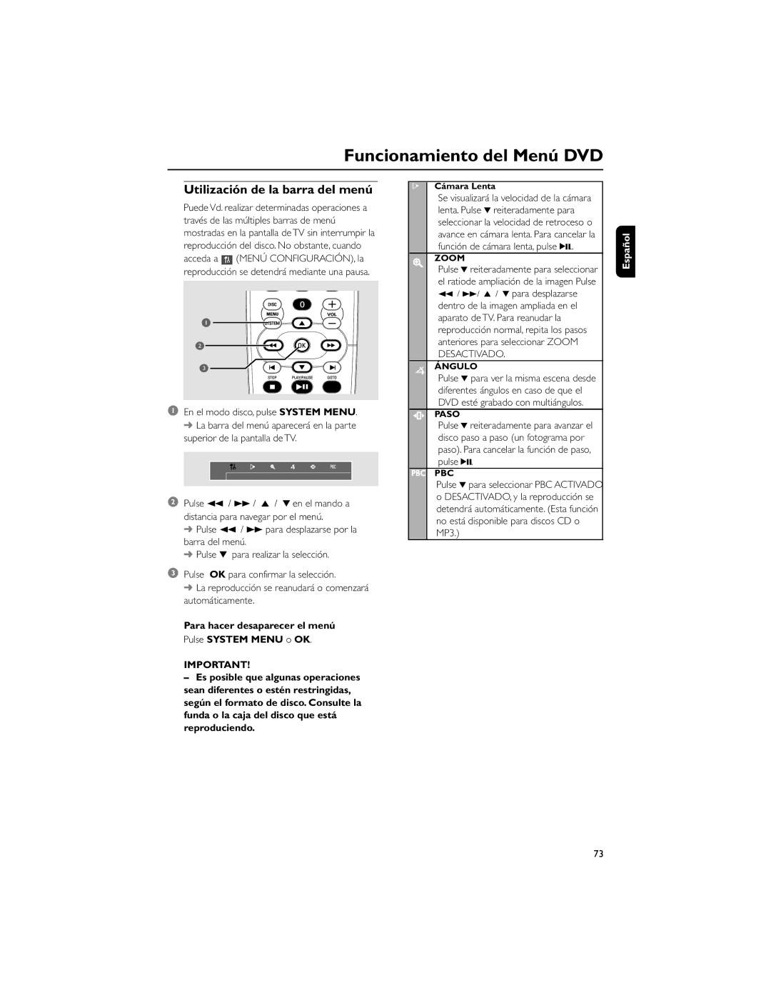 Philips FWD792 user manual Funcionamiento del Menú DVD, Utilización de la barra del menú 