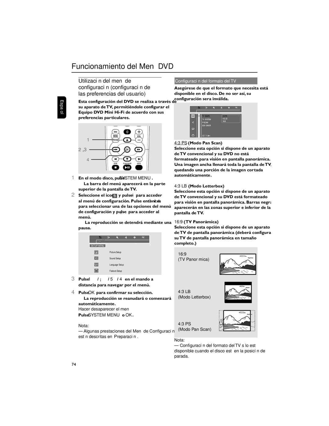 Philips FWD792 Hacer desaparecer el menú Pulse System Menu o OK, Configuración del formato del TV, PS Modo Pan Scan 