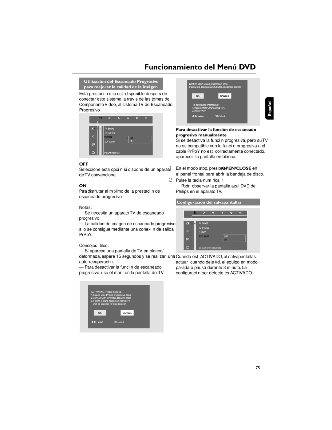 Philips FWD792 user manual Off, Configuración del salvapantallas 