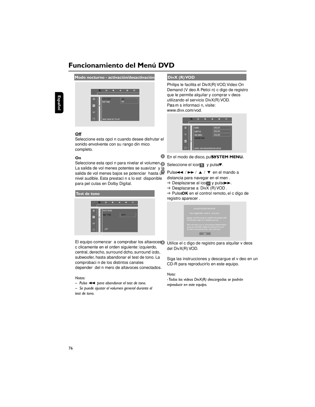 Philips FWD792 user manual Off, Test de tono, DivX R VOD 