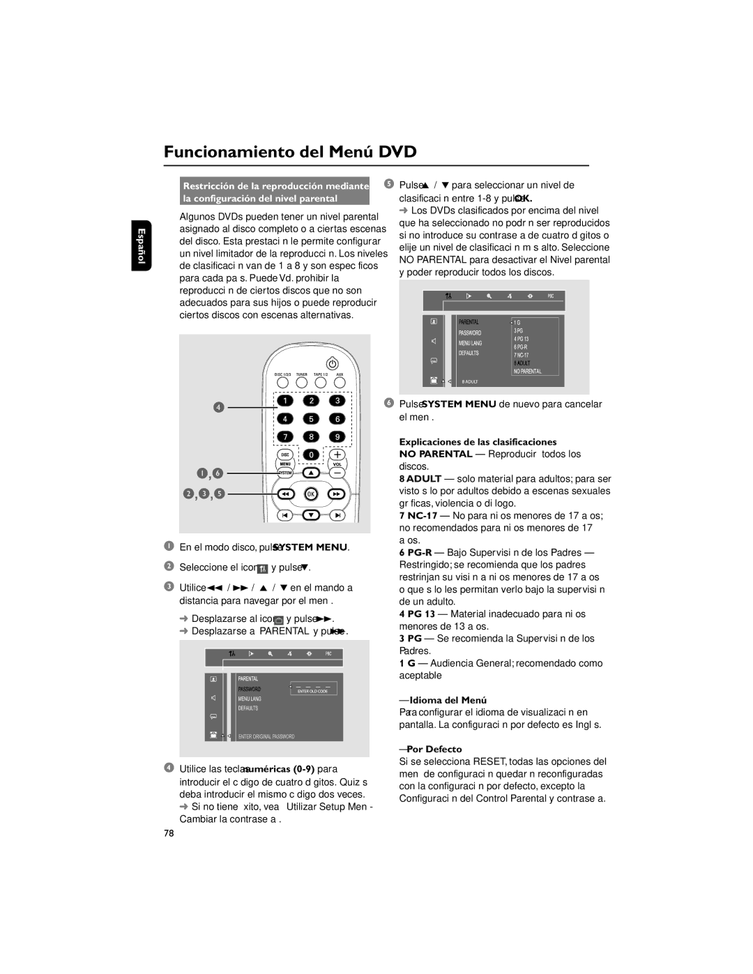 Philips FWD792 user manual La configuración del nivel parental, Idioma del Menú, Por Defecto 