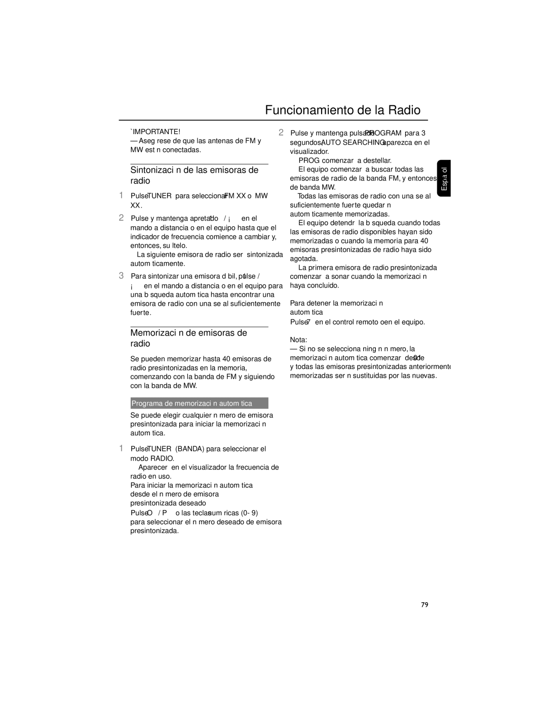 Philips FWD792 Funcionamiento de la Radio, Sintonización de las emisoras de radio, Memorización de emisoras de radio 